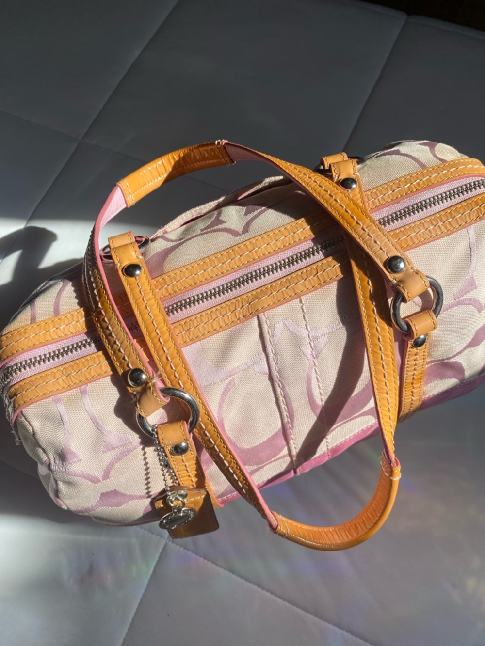 Coach Baby Pink Signature Stripe Canvas Satchel - Picture 3 of 7